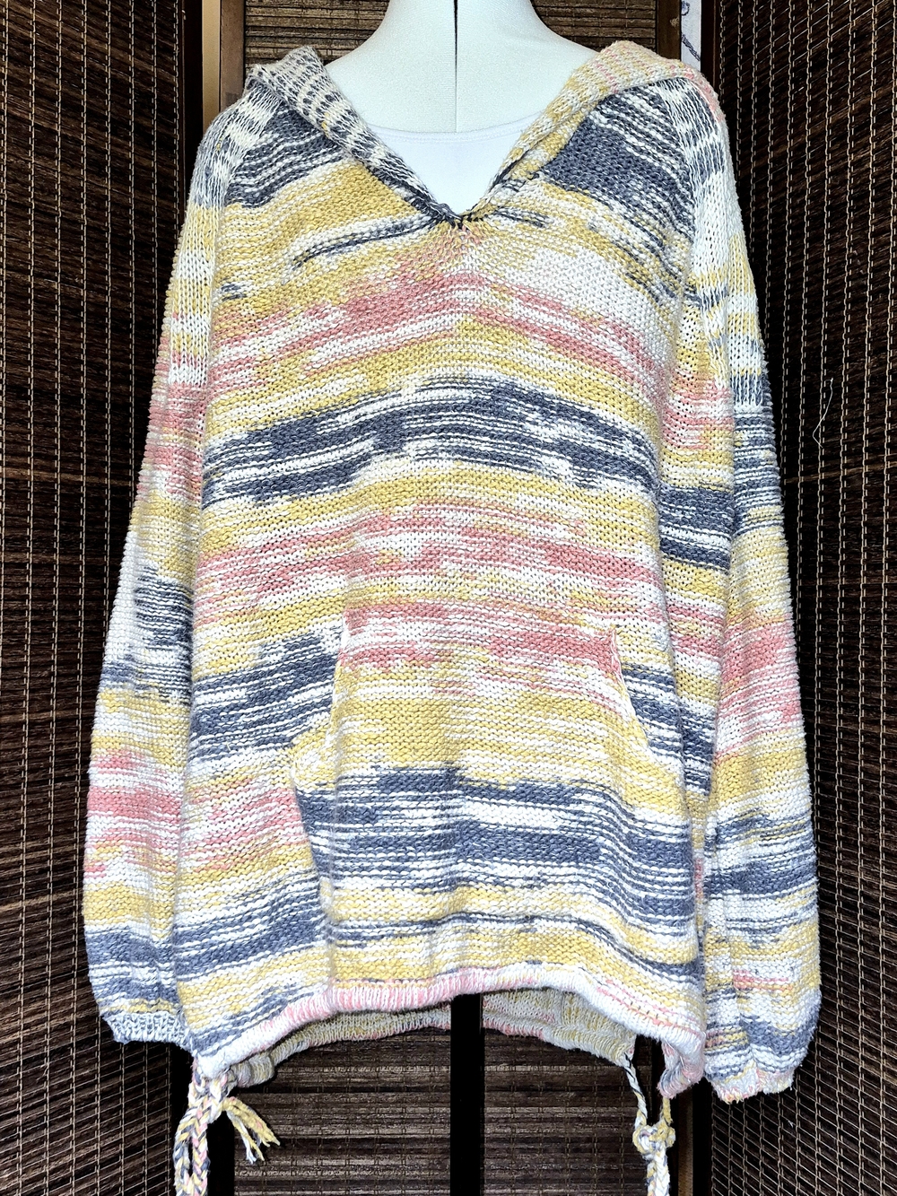 Free People Hooded Striped Knit Pullover in Yellow, Pink & Blue